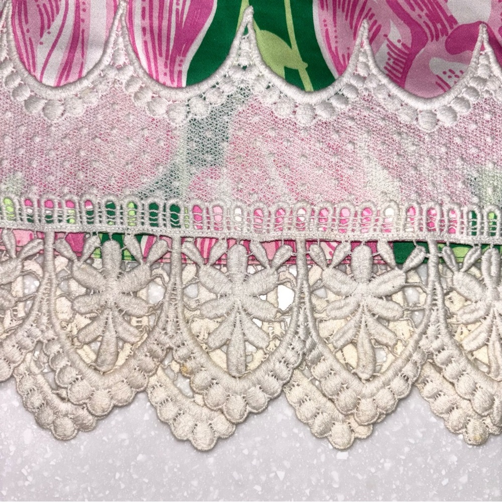 Lilly Pulitzer Size 8 Tulip Print Mini Skirt Green Pink Lace Hem Lined Cotton - Picture 3 of 6